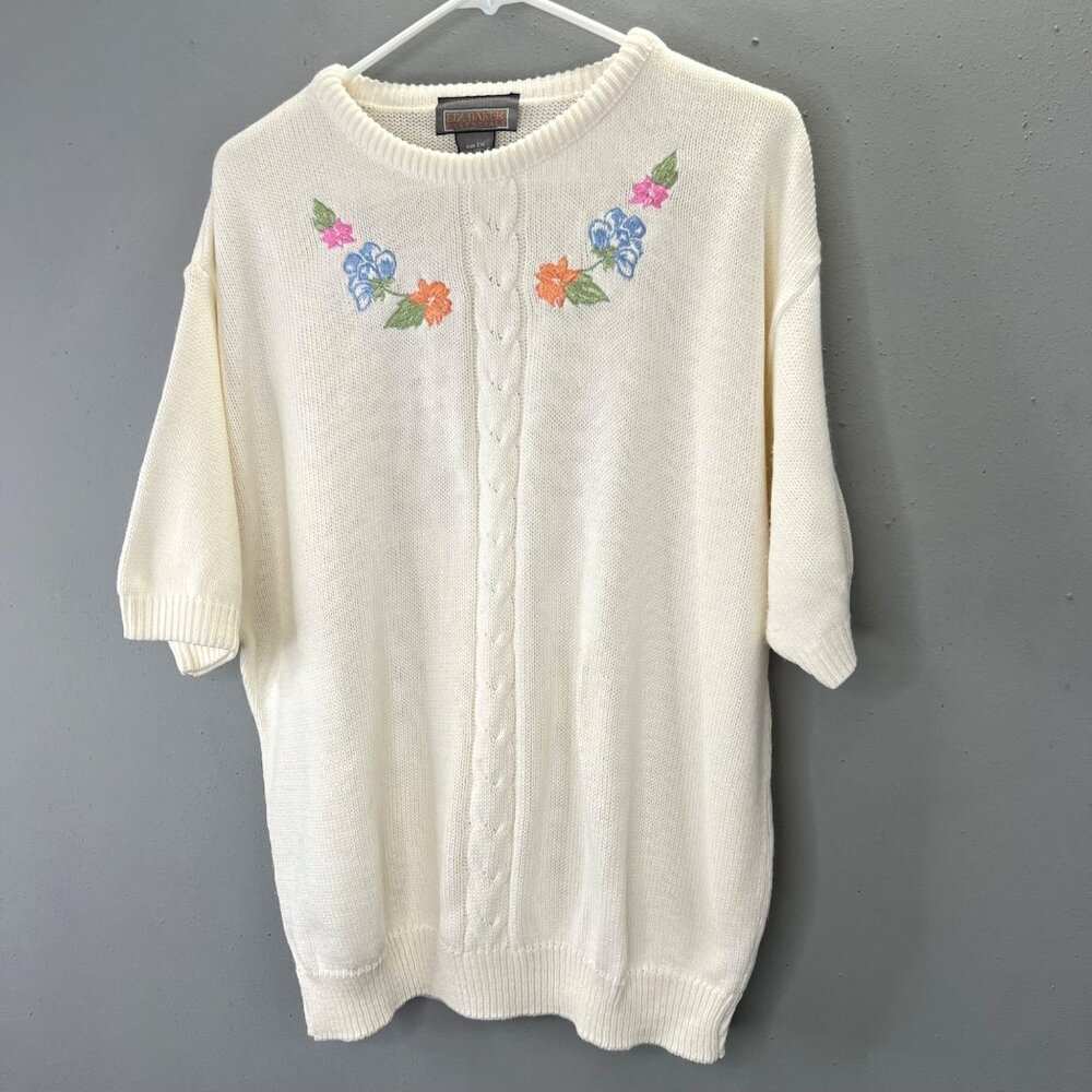Liz Baker Sweater 2X White Floral Embroidered Grandmacore Cottagecore